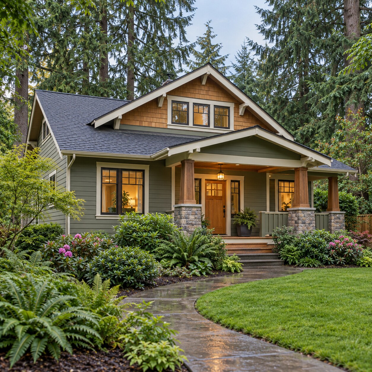 Illustrative Pacific Northwest Craftsman home with cedar details, a cared-for garden and evergreen trees
